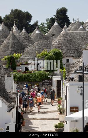 Weiß getünchte Trulli Häuser entlang der Straße in der Altstadt, Alberobello, Apulien, Italien, Europa Stockfoto