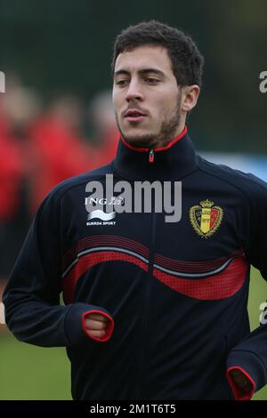 20131115 – BRÜSSEL, BELGIEN: Belgisches Eden Hazard, das am Freitag, den 15. November 2013, in einer Trainingssitzung der belgischen Fußballnationalmannschaft Red Devils in Brüssel gezeigt wurde. Gestern spielten sie Kolumbien und am 19.. November spielen sie Japan in Freundschaftsspielen. BELGA PHOTO VIRGINIE LEFOUR Stockfoto