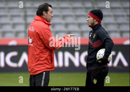 20131118 – BRÜSSEL, BELGIEN: Belgischer Cheftrainer Marc Wilmots und belgischer Eden Hazard, die am Montag, den 18. November 2013, in Brüssel während eines Trainings der belgischen Nationalmannschaft Red Devils fotografiert wurden. Letzten Donnerstag spielten sie 0-2 gegen Kolumbien und morgen spielen die Red Devils Japan in einem Freundschaftsspiel. BELGA FOTO DIRK WAEM Stockfoto