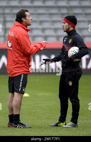 20131118 – BRÜSSEL, BELGIEN: Belgischer Cheftrainer Marc Wilmots und belgischer Eden Hazard, die am Montag, den 18. November 2013, in Brüssel während eines Trainings der belgischen Nationalmannschaft Red Devils fotografiert wurden. Letzten Donnerstag spielten sie 0-2 gegen Kolumbien und morgen spielen die Red Devils Japan in einem Freundschaftsspiel. BELGA FOTO DIRK WAEM Stockfoto