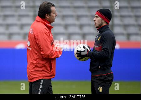 20131118 – BRÜSSEL, BELGIEN: Belgischer Cheftrainer Marc Wilmots und belgischer Eden Hazard, die am Montag, den 18. November 2013, in Brüssel während eines Trainings der belgischen Nationalmannschaft Red Devils fotografiert wurden. Letzten Donnerstag spielten sie 0-2 gegen Kolumbien und morgen spielen die Red Devils Japan in einem Freundschaftsspiel. BELGA FOTO DIRK WAEM Stockfoto