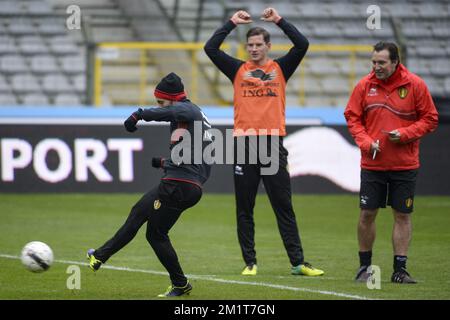 20131118 Uhr – BRÜSSEL, BELGIEN: Belgischer Eden Hazard, belgischer Jan Vertonghen und belgischer Cheftrainer Marc Wilmots, die am Montag, den 18. November 2013, in Brüssel während eines Trainings der belgischen Nationalmannschaft Red Devils abgebildet wurden. Letzten Donnerstag spielten sie 0-2 gegen Kolumbien und morgen spielen die Red Devils Japan in einem Freundschaftsspiel. BELGA FOTO DIRK WAEM Stockfoto