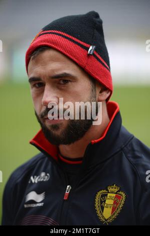 20131118 – BRÜSSEL, BELGIEN: Belgischer Steven Defour, das am Montag, den 18. November 2013, in einer Trainingssitzung der belgischen Fußballnationalmannschaft Red Devils in Brüssel gezeigt wurde. Letzten Donnerstag spielten sie 0-2 gegen Kolumbien und morgen spielen die Red Devils Japan in einem Freundschaftsspiel. BELGA FOTO DIRK WAEM Stockfoto