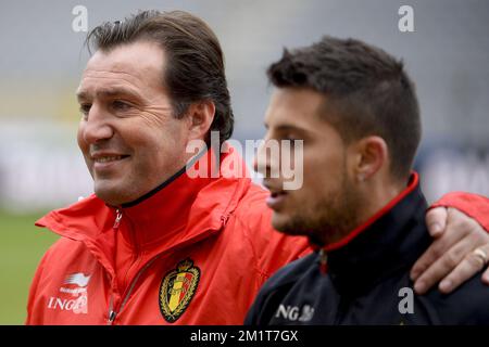 20131118 – BRÜSSEL, BELGIEN: Belgischer Cheftrainer Marc Wilmots und Kevin Mirallas aus Belgien, die am Montag, den 18. November 2013, in Brüssel während eines Trainings der belgischen Fußballnationalmannschaft Red Devils fotografiert wurden. Letzten Donnerstag spielten sie 0-2 gegen Kolumbien und morgen spielen die Red Devils Japan in einem Freundschaftsspiel. BELGA FOTO DIRK WAEM Stockfoto