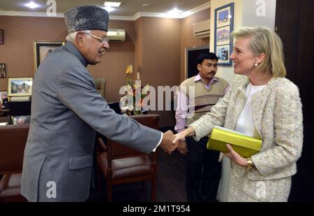 20131125 – NEU-DELHI, INDIEN: FAROOQ Abdullah, Minister für neue und erneuerbare Energien, schüttelt Prinzessin Astrid von Belgien bei einem offiziellen Treffen mit FAROOQ Abdullah, Minister für neue und erneuerbare Energien in Neu-Delhi, Indien, Montag, 25. November 2013, die Hand; Am zweiten Tag einer Wirtschaftsmission der belgischen Prinzessin Astrid nach Indien. BELGA FOTO ERIC LALMAND Stockfoto