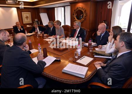 20131127 – MUMBAI, INDIEN: Vizepräsident und Außenminister Didier Reynders, Prinzessin Astrid von Belgien und flämischer Ministerpräsident Kris Peeters, abgebildet während der Pressekonferenz in Mumbai, Indien, Mittwoch, den 27. November 2013, am dritten Tag einer Wirtschaftsmission der belgischen Prinzessin Astrid nach Indien. BELGA FOTO ERIC LALMAND Stockfoto