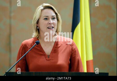 20131128 - CHENNAI, INDIEN: Celine Fremault, Ministerin für Wirtschaft, Beschäftigung, wissenschaftliche Forschung, Der Handels- und Außenhandel der Region Brüssel-Hauptstadt hält am fünften Tag einer Wirtschaftsmission der belgischen Prinzessin Astrid nach Indien am 28. November 2013 auf dem offiziellen belgischen Empfang in Chennai (Indien) eine Rede. BELGA FOTO ERIC LALMAND Stockfoto