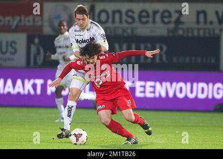 20131201 - KORTRIJK, BELGIEN: Olafur Skulason von Essevee und Gert-Jan De Mets von Kortrijk kämpfen um den Ball während des Spiels der Jupiler Pro League zwischen Kortrijk und Zulte Waregem in Kortrijk, Sonntag, den 01. Dezember 2013, am 17. Tag der belgischen Fußballmeisterschaft. BELGA FOTO KURT DESPLENTER Stockfoto