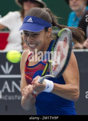 20140103 – AUCKLAND, NEUSEELAND: Serbische Ana Ivanovic in Aktion während des Halbfinalspiels zwischen belgischer Kirsten Flipkens (WTA 20) und serbischer Ana Ivanovic (WTA 16), beim ASB Classic 2014 Tennis Turnier in Auckland, Neuseeland, Freitag, 03. Januar 2014. Das Turnier findet vom 30. Dezember 2013 bis zum 04. Januar 2014 statt. BELGA FOTO DAVID ROWLAND Stockfoto