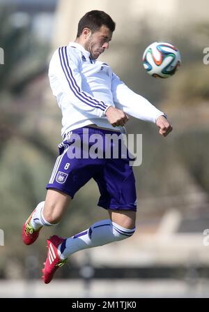 20140110 Uhr - ABU DHABI, VEREINIGTE ARABISCHE EMIRATE: Luka Milivojevic von Anderlecht, abgebildet während eines Trainings am 5. Tag des Wintercamps der belgischen Fußballmannschaft RSCA Anderlecht in Abu Dhabi, Vereinigte Arabische Emirate, Freitag, 10. Januar 2014. BELGA PHOTO VIRGINIE LEFOUR Stockfoto