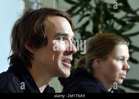 20140127 Uhr - BRÜSSEL, BELGIEN: Pressekonferenz im Vorfeld der Olympischen Winterspiele von Sotschi in Russland, Montag, 27. Januar 2014 in Brüssel. Katrien Aerts wird an der Freestyle Skidisziplin teilnehmen. BELGA FOTO ERIC LALMAND Stockfoto