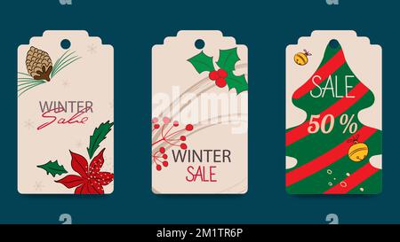 Satz abstrakter Tags für weihnachtsangebote. Saisonale Etikettenvorlagen zum Drucken. Weihnachten, Neujahr, Weihnachtsgeschenke. Stock Vektor