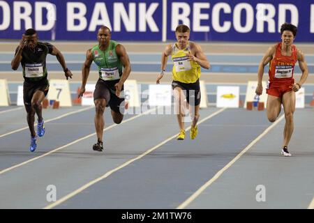 20140209 – GENT, BELGIEN: Nigerianischer Peter Emelieze, Perez Yunier aus Kuba, Polen Kuc Darius und China Bingtian Su, die während des 60m-km-Sprint der Männer auf dem Flanders Indoor IAAF Athletics Meeting am Sonntag, den 09. Februar 2014, in Gent in Aktion gezeigt wurden. BELGA FOTO JASPER JACOBS Stockfoto