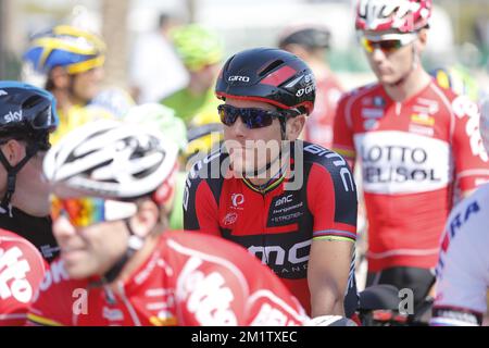 20140212 Uhr – AL KHOR CORNICHE, KATAR: Belgischer Philippe Gilbert vom BMC Racing Team, Bild zu Beginn der vierten Etappe des 2014-Radrennen der Katar Tour, 135 km von Dukhan nach Mesaieed, Katar, Mittwoch, 12. Februar 2014. Die Katar Tour 2014 findet vom 9. Bis 14. Februar statt. Stockfoto