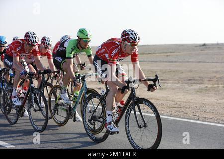 20140213 Uhr - AL ZUBARA FORT, KATAR: Holländischer Pim Ligthart von Lotto - Belisol in Aktion während der fünften Etappe des Radrennen der Katar Tour 2014, 159 km von Al Zubara Fort nach Madinat Al Shamal, Katar, Donnerstag, 13. Februar 2014. Die Katar Tour 2014 findet vom 9. Bis 14. Februar statt. Stockfoto