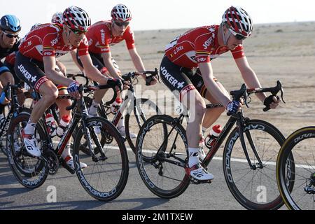 20140213 Uhr - AL ZUBARA FORT, KATAR: Belgischer Gert Dockx von Lotto - Belisol in Aktion während der fünften Etappe des Radrennen der Katar Tour 2014, 159 km von Al Zubara Fort nach Madinat Al Shamal, Katar, Donnerstag, 13. Februar 2014. Die Katar Tour 2014 findet vom 9. Bis 14. Februar statt. Stockfoto