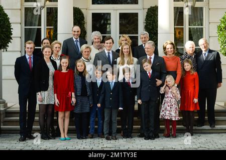 20140215 - BRÜSSEL, BELGIEN: L-R, erste Reihe, Prinz Joachim, Prinzessin Luisa Maria, Prinzessin Laetitia Maria, Prinzessin Louise, Zwillingsprinz Nicolas und Prinz Aymeric, Prinz Emmanuel, Prinz Gabriel, Prinzessin Eleonore, Kronprinzessin Elisabeth, Mittlere Reihe, Prinzessin Maria Laura, Prinzessin Astrid von Belgien, Prinz Amedeo, Elisabetta Rosboch von Wolkenstein, König Philippe - Filip von Belgien, Königin Mathilde von Belgien, Königin Paola von Belgien, König Albert II. Von Belgien und hintere Reihe, Prinzessin Claire von Belgien, Prinz Lorenz von Belgien, nicht identifiziert, Gräfin Lilia de Smecchia und Nobile Ettore Rosbo Stockfoto