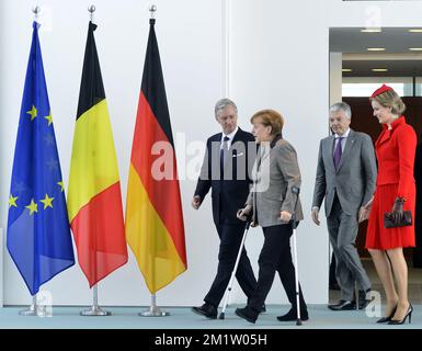 20140217 – BERLIN, DEUTSCHLAND: König Philippe - Filip von Belgien, Bundeskanzlerin Angela Merkel, Vizeminister und Außenminister Didier Reynders und Königin Mathilde von Belgien, abgebildet auf dem offiziellen Auslandsbesuch des neuen belgischen Königs und der neuen belgischen Königin in Berlin, der Hauptstadt Deutschlands, am Montag, den 17. Februar 2014. BELGA FOTO BENOIT DOPPPAGNE Stockfoto