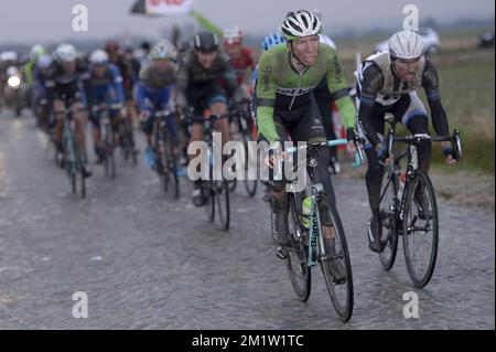 Belgischer Sep Vanmarcke vom Belkin Pro Cycling Team die 69.. Ausgabe des Omloop Het Nieuwsblad Radrennen, Samstag, 01. März 2014, in Gent. Stockfoto