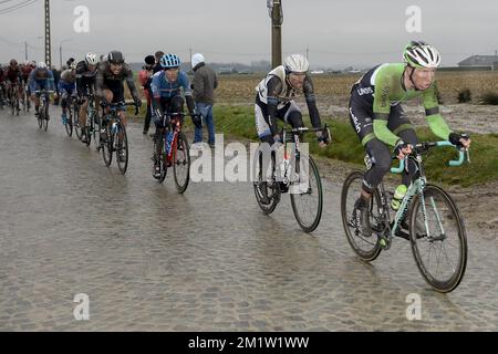 Belgischer Sep Vanmarcke vom Belkin Pro Cycling Team, das in der 69.. Ausgabe des Omloop Het Nieuwsblad Radrennen am Samstag, den 01. März 2014 in Gent gezeigt wird. Stockfoto