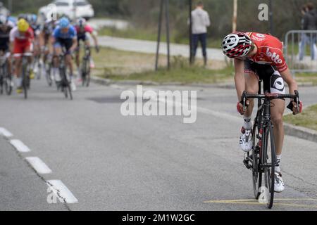 20140315 - BIOT, FRANKREICH: Belgischer Tim Wellens von Lotto? Belisol wurde während der 7. Etappe des 72.. Radrennen Paris-Nizza, 195,5 km von Mougins nach Biot, Samstag, 15. März 2014, in Frankreich abgebildet. BELGA FOTO DIRK WAEM Stockfoto