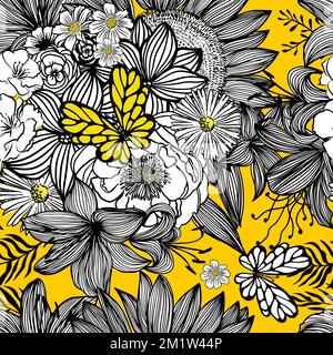 Nahtlose Hintergrundgrafik mit gelben schwarzen und weißen Blüten. Vektordarstellung. Handgezeichneter Stoff, Geschenkverpackung, Wandschmuck-Design. Stock Vektor