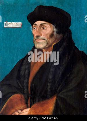 Erasmus. Porträt von Desiderius Erasmus Roterodamus (1466-1536), bekannt als Erasmus von Rotterdam, oder einfach Erasmus, ein holländischer Renaissance-Humanist, katholischer Priester, Sozialkritiker, Lehrer und Theologe. Malerei von Hans Holbein dem Jüngeren (ca. 1497-1543), Öl auf Lindenplatte, ca. 1532 Stockfoto