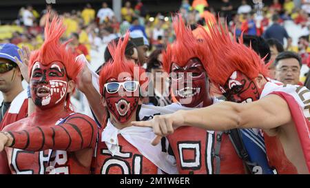 20140626 – SAO PAULO, BRASILIEN: Koreanische Fans vor dem Spiel zwischen der belgischen Nationalmannschaft Red Devils und Südkorea, drittes Spiel in Gruppe H, im Stadion „Arena de Sao Paulo“, in Itaquera, Sao Paulo, Brasilien, während der FIFA-Weltmeisterschaft 2014, Donnerstag, 26. Juni 2014. Die Red Devils führen ihre Gruppe H mit zwei Siegen an. BELGA FOTO DIRK WAEM Stockfoto