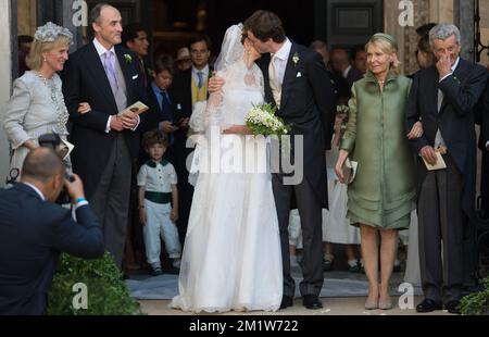 Prinzessin Astrid von Belgien, Prinz Lorenz von Belgien, Elisabetta Rosboch von Wolkenstein, Prinz Amedeo, Lilia Rosboch von Wolkenstein und Ettore Rosboch von Wolkenstein die Hochzeitszeremonie von Prinz Amedeo von Belgien, Erzherzog Österreich-Este und Elisabetta Maria Rosboch von Wolkenstein, Samstag, 05. Juli 2014 in Rom, Italien. Stockfoto