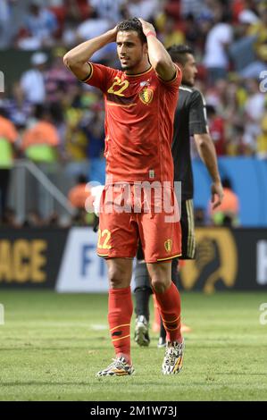 Der belgische Nacer Chadli wurde während des Viertelfinalspiels zwischen der belgischen Nationalmannschaft Red Devils und Argentinien in Estadio Nacional Mane Garrincha in Brasilia, Brasilien, während der FIFA-Weltmeisterschaft 2014 am Samstag, den 05. Juli 2014, gezeigt. Stockfoto