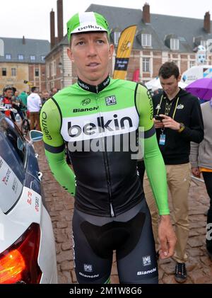 Belgischer Sep Vanmarcke vom Belkin Pro Radsportteam zu Beginn der 6. Etappe der 101.. Ausgabe des Radrennens Tour de France, 194 km von Arras nach Reims, am Donnerstag, den 10. Juli 2014. Stockfoto