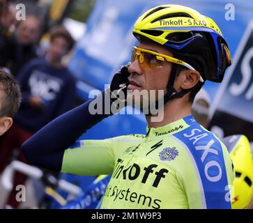 Der spanische Alberto Contador von Tinkoff-Saxo wurde zu Beginn der 7. Etappe des Radrennen Tour de France 101., 234,5 km von Epernay nach Nancy, am Freitag, den 11. Juli 2014 gezeigt. Stockfoto