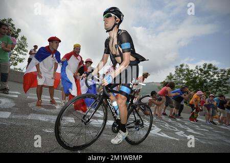 Spanische Mikel Nieve Iturralde von Team Sky in Aktion während der Etappe 18 der 101.. Ausgabe des Radrennens Tour de France, 145,5 km von Pau nach Hautacam, Frankreich, am Donnerstag, den 24. Juli 2014. BELGA FOTO DAVID STOCKMAN Stockfoto