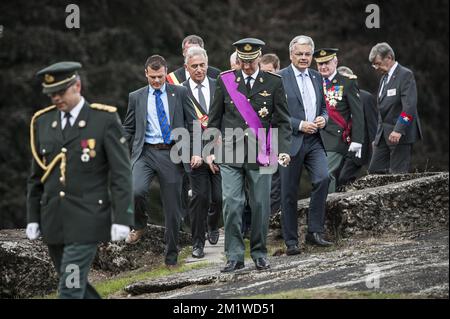 König Philippe - Filip von Belgien, das während des scheidenden Vizepremierministers und Außenministers Didier Reynders auf einer Gedenkfeier zum 100.. Jahrestag des Ersten Weltkriegs am Sonntag, den 03. August 2014, im Fort de Loncin in ans gezeigt wurde. Stockfoto