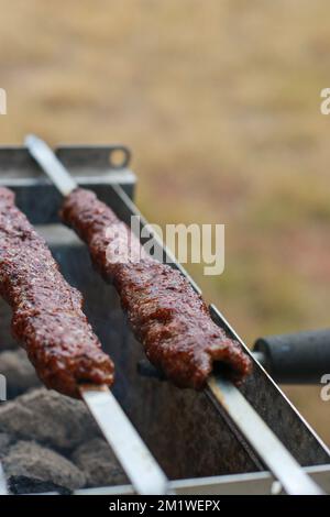 Nahaufnahme von gegrilltem Kebab auf Metallspieß bei Feuer im Freien Stockfoto