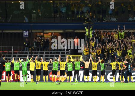 Dortmunds Cheftrainer Jurgen Klopp feiert mit seinen Spielern ein Spiel der UEFA Champions League zwischen dem belgischen Team RSC Anderlecht und dem deutschen Borussia Dortmund in Brüssel im Constant Vanden Stock Stadion am zweiten Tag des Gruppenwettbewerbs in der Gruppe D, Mittwoch, 01. Oktober 2014 Stockfoto