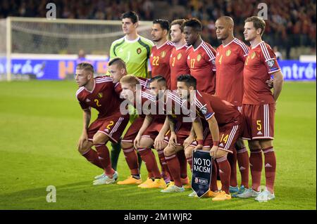 20141010 – BRÜSSEL, BELGIEN: Belgische Spieler vor einem Qualifikationsspiel der belgischen Nationalmannschaft Red Devils und Andorra zur Euro 2016, Freitag, den 10. Oktober 2014, im Stadion „Stade ROI Baudouin - Koning Boudewijnstadion“ in Brüssel. BELGA FOTO YORICK JANSENS Stockfoto