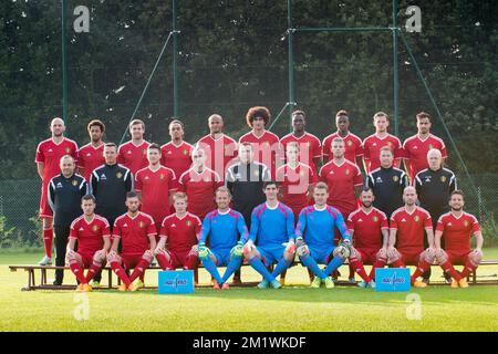 20141011 - BRÜSSEL, BELGIEN: (Obere Reihe links), Belgiens Jelle Van Damme, Belgiens Moussa Dembele, Belgiens Nicolas Lombaerts, Belgiens Jason Denayer, Belgiens Vincent Kompany, Marouane Fellaini aus Belgien, Romelu Lukaku aus Belgien, Divock Origi aus Belgien, Jan Vertonghen aus Belgien, Nacer Chadli aus Belgien, (Mittlere Reihe links), Belgiens Sebastien Pocognoli, Belgiens Radja Nainggolan, Belgiens Cheftrainer Marc Wilmots, Belgiens Adnan Januzaj, Belgiens Toby Alderweireld (unter der linken Reihe), Belgiens Eden Hazard, Yannick Ferreira Carrasco aus Belgien, Kevin De Bruyne aus Belgien, Belgiens Torwart Stockfoto
