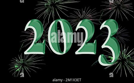 2023 in großen grünen Zahlen vor einem Nachthimmel mit grünem festlichem Feuerwerk für Silvester-Einladung, Banner, Cover, Hintergrund, Poster. Stockfoto