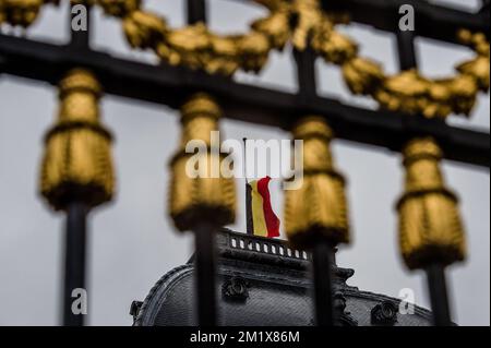 20141212 – BRÜSSEL, BELGIEN: Das Bild zeigt die belgische Flagge, die während der Beerdigung der Kirche Notre-Dame (Eglise Notre-Dame de Laeken / Laken Onze-Lieve-Vrouwekerk) im Königspalast mit Halbmast fliegt, und ist Teil der Beerdigung von Königin Fabiola in Brüssel, Freitag, den 12. Dezember 2014. Königin Fabiola de Mora y Aragon, Witwe des belgischen Königs Boudewijn - Baudouin, verstarb am Freitag, den 5. Dezember, im Alter von 86 Jahren, ihre Überreste blieben in der königlichen Krypta der Laken Kirche. BELGA FOTO JONAS ROOSENS Stockfoto