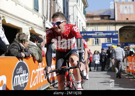 Belgischer Jurgen Roelandts von Lotto – Soudal, abgebildet zu Beginn der zweiten Etappe des 50.. Auftrages des Radrennens Tirreno-Adriatico, 153km von Camaiore nach Cascina, Donnerstag, 12. März 2015, Italien. Stockfoto