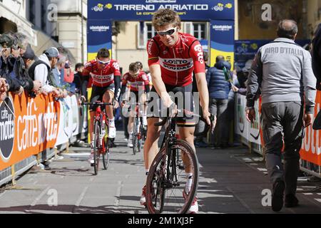 Belgischer Jurgen Roelandts von Lotto – Soudal, abgebildet zu Beginn der zweiten Etappe des 50.. Auftrages des Radrennens Tirreno-Adriatico, 153km von Camaiore nach Cascina, Donnerstag, 12. März 2015, Italien. Stockfoto