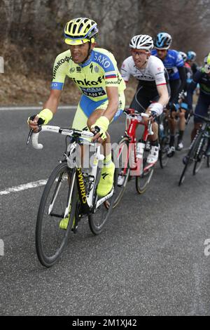 Der spanische Alberto Contador von Tinkoff-Saxo wurde in der fünften Etappe des Radrenns Tirreno-Adriatico 50., 194 km von Esanatoglia nach Terminillo, Sonntag, 15. März 2015, Italien, abgebildet. Stockfoto