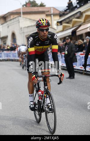 Belgisch Jens Debusschere von Lotto - Soudal, Bild in der fünften Etappe der 50.. Auflage des Radrennens Tirreno-Adriatico, 194 km von Esanatoglia nach Terminillo, Sonntag, 15. März 2015, Italien. Stockfoto