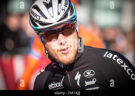 Italienischer Matteo Trentin vom Team Ettix – Quick-Step vor dem „Omloop Het Nieuwsblad“, dem ersten Radrennen der Saison in Belgien, 198 km von Gent nach Gentbrugge, Samstag, den 28. Februar 2015, für die 70.. Auflage dieses Rennens. Stockfoto