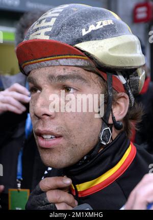 Belgisch Jens Debusschere von Lotto - Soudal, gemalt nach der 77.. Auflage des eintägigen Radrennens Gent-Wevelgem, 239 km von Deinze nach Wevelgem, Sonntag, 29. März 2015. Stockfoto