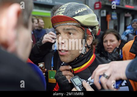 Belgisch Jens Debusschere von Lotto - Soudal, gemalt nach der 77.. Auflage des eintägigen Radrennens Gent-Wevelgem, 239 km von Deinze nach Wevelgem, Sonntag, 29. März 2015. Stockfoto