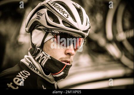 20150401 – OUDENAARDE, BELGIEN: Italienischer Matteo Trentin vom Team Ettix – Quick-Step vor einer Leichtathletik, Mittwoch, den 01. April 2015, vor der „De Ronde van Vlaanderen“ am Wochenende in Oudenaarde. BELGA FOTO LUC CLAESSEN Stockfoto