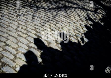 20150405 Uhr - OUDENAARDE, BELGIEN: Auf dem Bild sind Kopfsteinpflaster auf Oude Kwaremont während des 99. stattfindenden eintägigen Radrennen „Ronde van Vlaanderen - Tour des Flandres - Tour of Flanders“, 264,2km Uhr von Oostkamp nach Oudenaarde, Sonntag, 05. April 2015. BELGA FOTO YORICK JANSENS Stockfoto