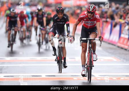 Belgische Jelle Vanendert von Lotto - Soudal: Er erobert die 101.. Ausgabe des eintägigen Radrennen Lüttich-Bastogne-Lüttich, Sonntag, den 26. April 2015, in Lüttich. Stockfoto